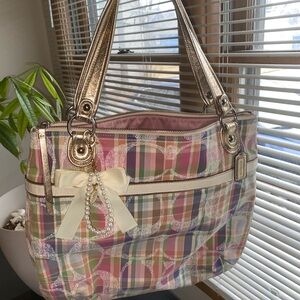 Coach Pink and Gold Tote Bag with Bow Accent